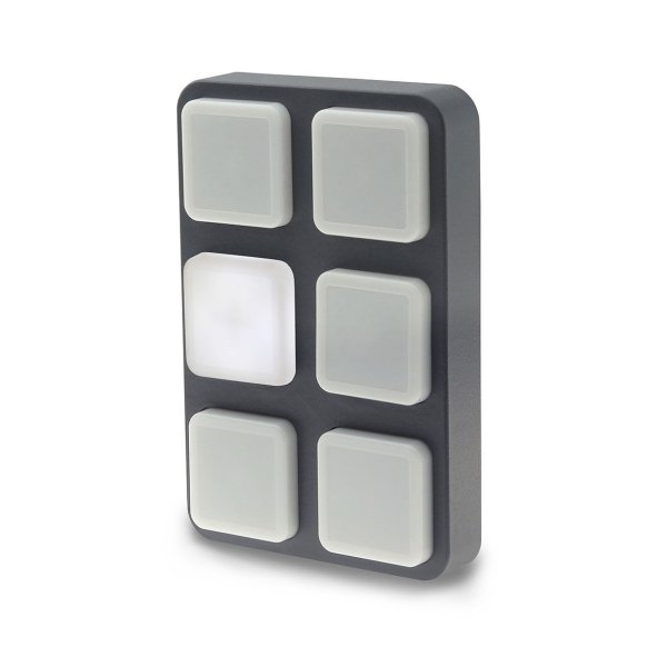 Wall-mount panel with backlit push-buttons.